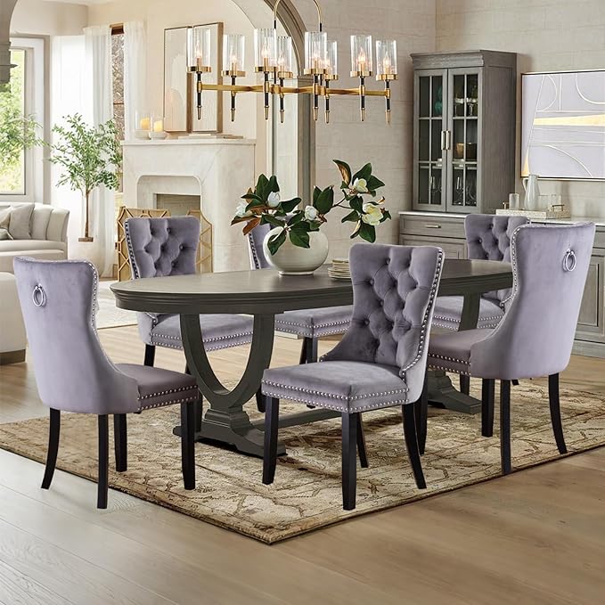 Velvet Upholstered Dining Chairs Set of 8, Modern Style Kitchen Side Chairs with Nailhead Trim and Wood Legs,Metal Pulling Ring for Dining Room Living Room(Grey)
