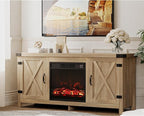 JUMMICO Fireplace TV Stand, Farmhouse Entertainment Center with Fireplace and Shelves, Double Barn Doors Storage Cabinets for TVs to 65+ Inch for Living Room (Pale Yellow)