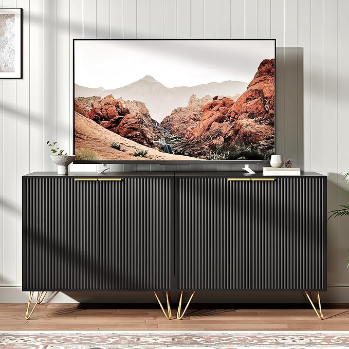Fluted TV Stand for 60 Inch TV, Modern TV Stand, Entertainment Center w/ 2 St...