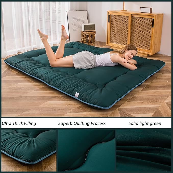 MAXYOYO Japanese Floor Mattress Futon Mattress, 4" Thicken Tatami Mat Sleeping Pad Foldable Roll Up Mat Boys Girls Dormitory Pad Kids Floor Lounger Pillow Bed, Charcoal Grey, Queen Size