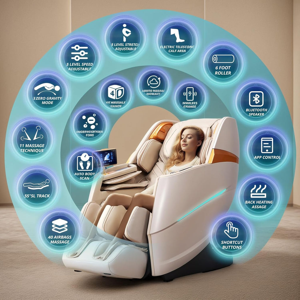4D Massage Chair Full Body Zero Gravity OverSize Recliner with Body Scan | 55“ SL-Track,20 Auto Modes,11 Technique,40 Airbags Massage,with Yoga Stretch,APP Control,Negative Oxygen lons(Beige)