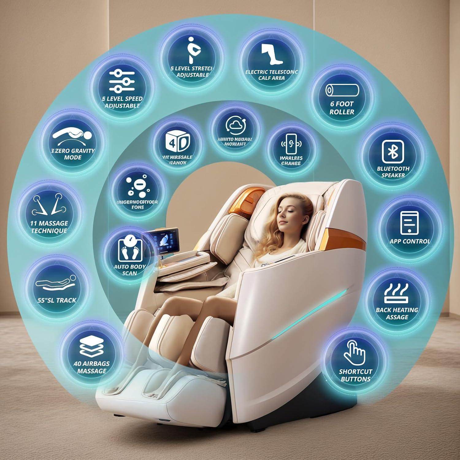 4D Massage Chair Full Body Zero Gravity OverSize Recliner with Body Scan | 55“ SL-Track,20 Auto Modes,11 Technique,40 Airbags Massage,with Yoga Stretch,APP Control,Negative Oxygen lons(Beige)