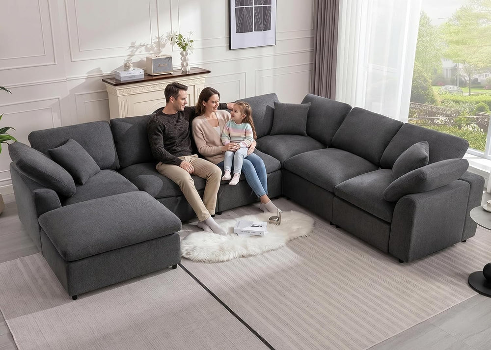 Siiejia Modular 7 Seater Sectional Sofa, Oversized Cloud Couches, Dark Grey