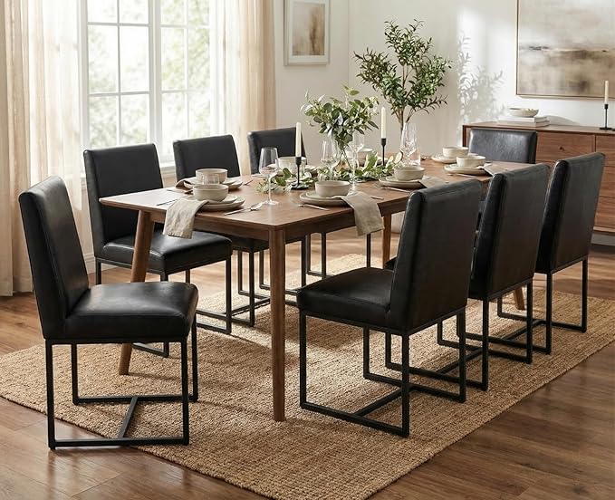 CIMOTA Black Modern Dining Chairs Set of 8, Leather Dining Room Chairs Upholstered Armless Guest Side Chair with Black Base for Dining Room/Kitchen, 8PCS