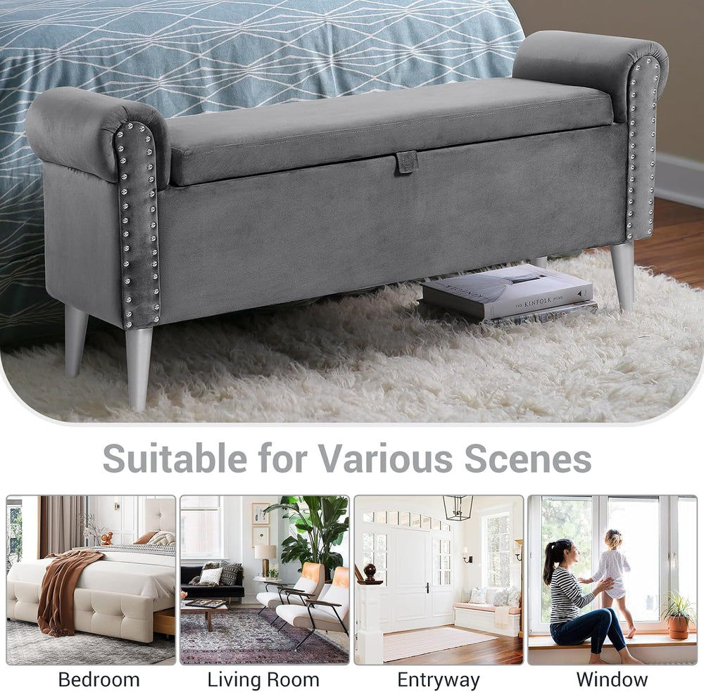 Storage Bench for Bedroom- Grey Velvet Bench with Storage 47" | Featurin...