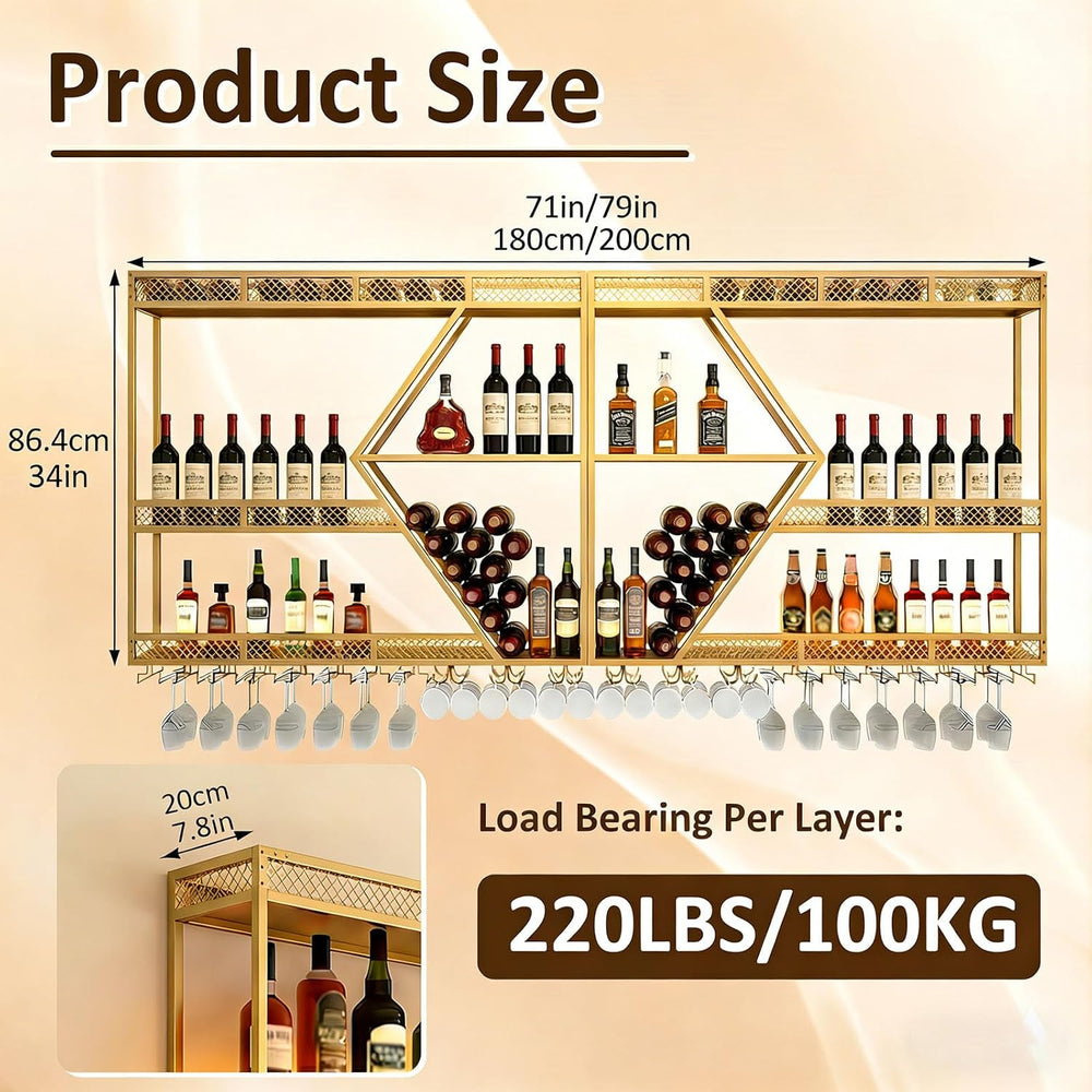 Wall Mounted Wine Rack, 71 Inch, 3-Tier Metal Bottle Shelf with Wine Glass Ho...