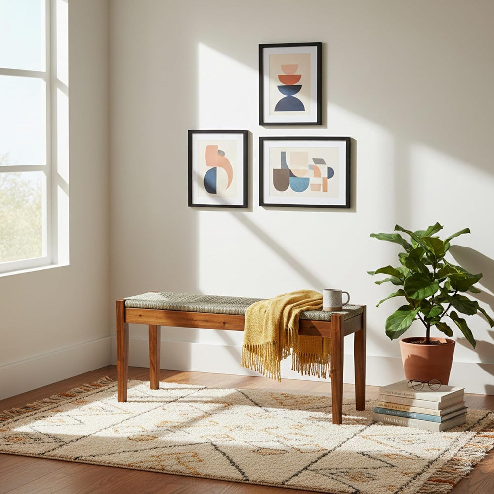 Solid Wood Acacia Indoor Bench with Natural Woven Seat, 45 Inch Wood Bench fo...