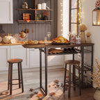 Bestier Bar Table and Chair Set, Expandable Dining Table with 2 Bar Stools, Industrial Kitchen Counter with Wine Rack & 3 Tier Adjustable Storage Shelves Rustic Brown
