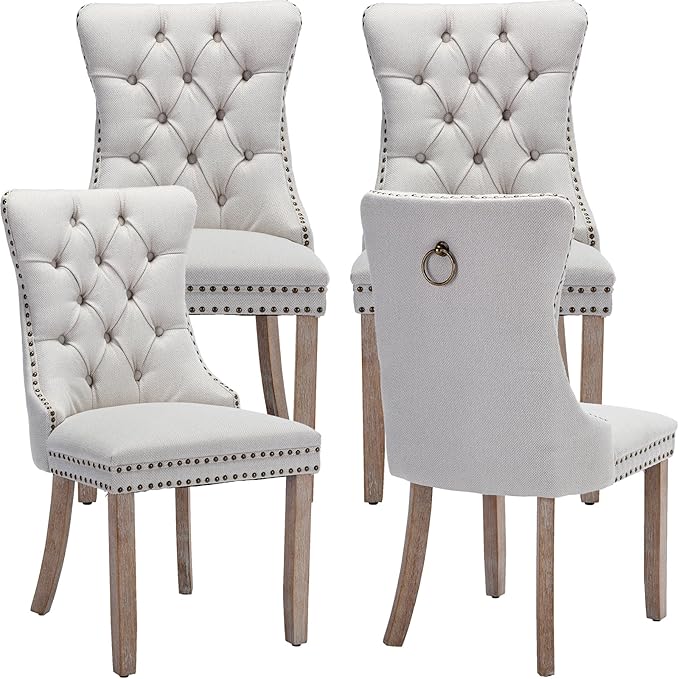 Modern Dining Chairs Set of 4, Tufted Upholstered Dining Chairs with Solid Wood Legs, Beige Linen Fabric Kitchen Chair, Sillas de Comedor, Comfy Kitchen Chair (Beige, Linen, 4Pcs)