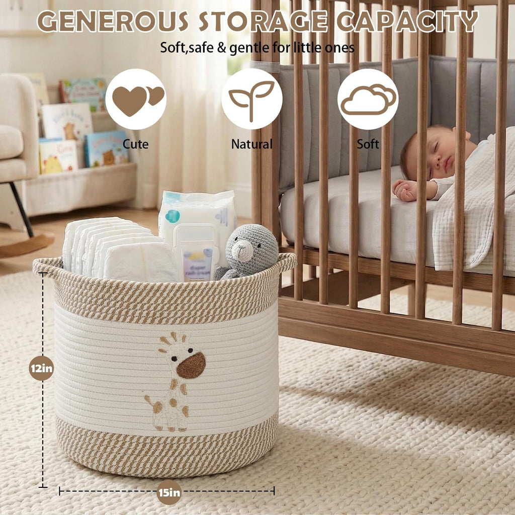 Baby Laundry Basket for Nursery, Large 15”x12” Giraffe Storage Baskets | Cotton Rope Kids Hamper Soft Foldable Bin with Cute Embroidered Animal Designs for Home Toys Organize