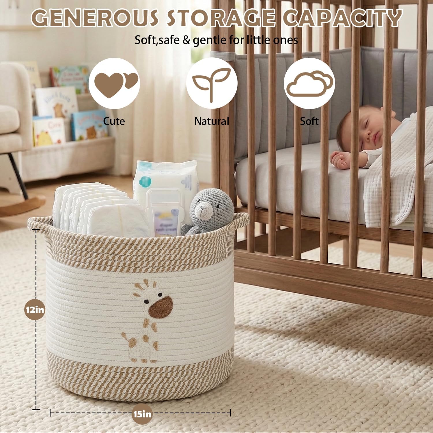 Baby Laundry Basket for Nursery, Large 15”x12” Giraffe Storage Baskets | Cotton Rope Kids Hamper Soft Foldable Bin with Cute Embroidered Animal Designs for Home Toys Organize