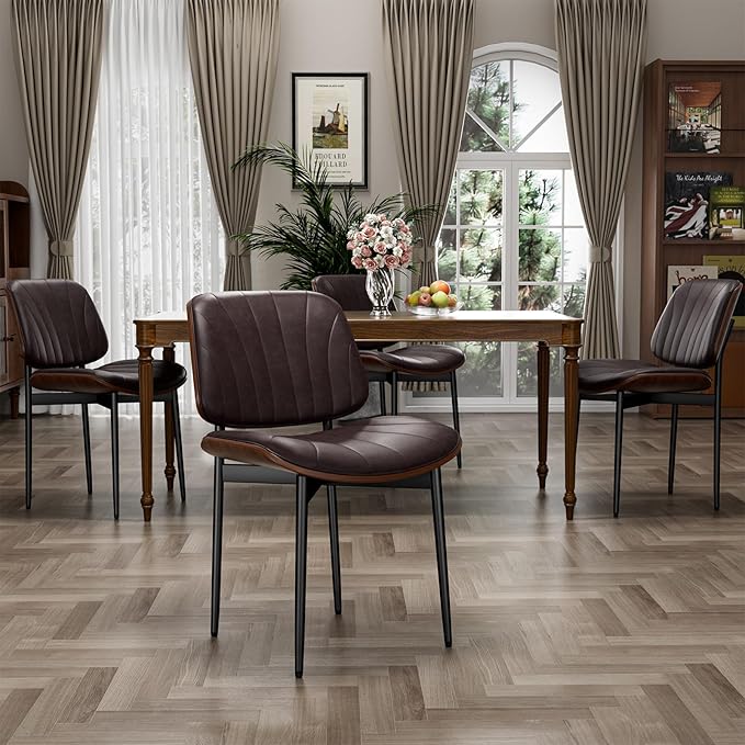 Dining Chairs Set of 6, Dining Room and Kitchen Chairs, Mid Century Modern Accent Chair, Upholstered PU Leather Chairs for Vanity with Walnut Bentwood and Metal Legs, Brown