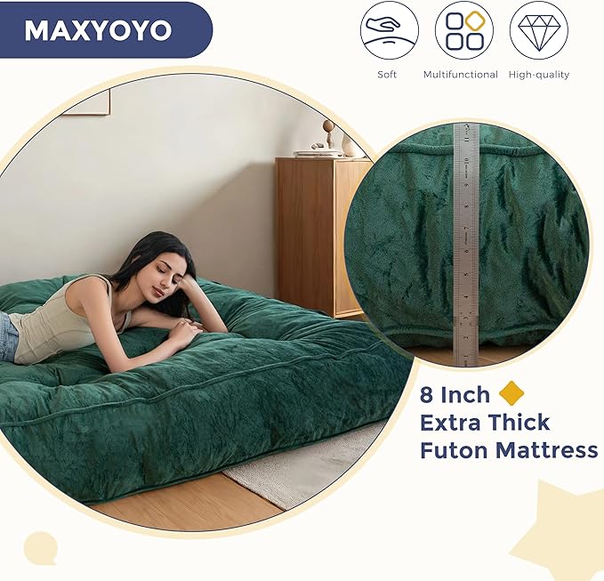 MAXYOYO 8" Futon Mattress, Queen Size Extra Thick Futons Sofa Couch Bed for Adults, Velvet Floor Mattress Shredded Foam Filling (Frame Not Included)