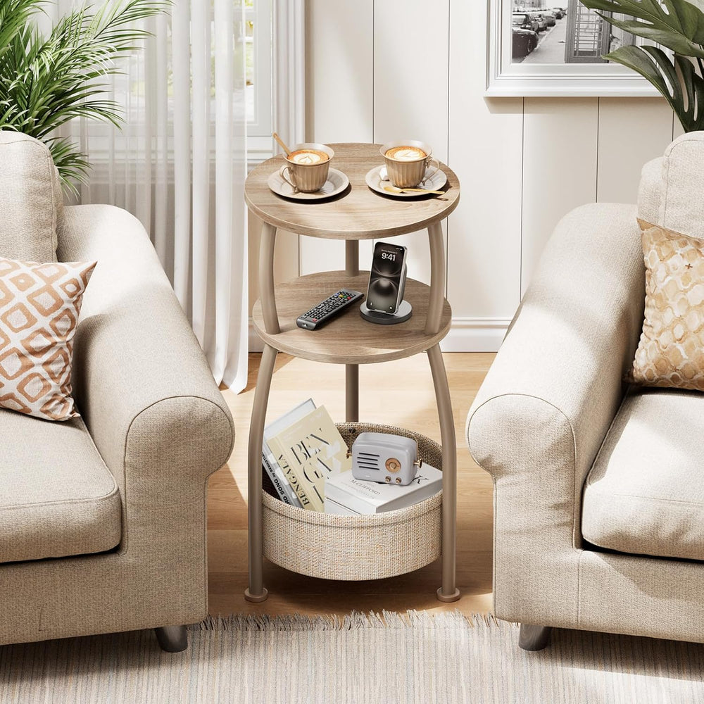 Small Side Table with Storage Basket, Space Saving Round End Table 3-Tier Bed...