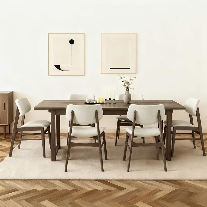 Wooden Dining Chairs Set of 6, Upholstered Modern Dining Room Chairs, Solid Oak Wood Kitchen Chairs with Soft Cushion Backrest for Farmhouse, Restaurant, Café (Cream Fabric & Walnut Color)
