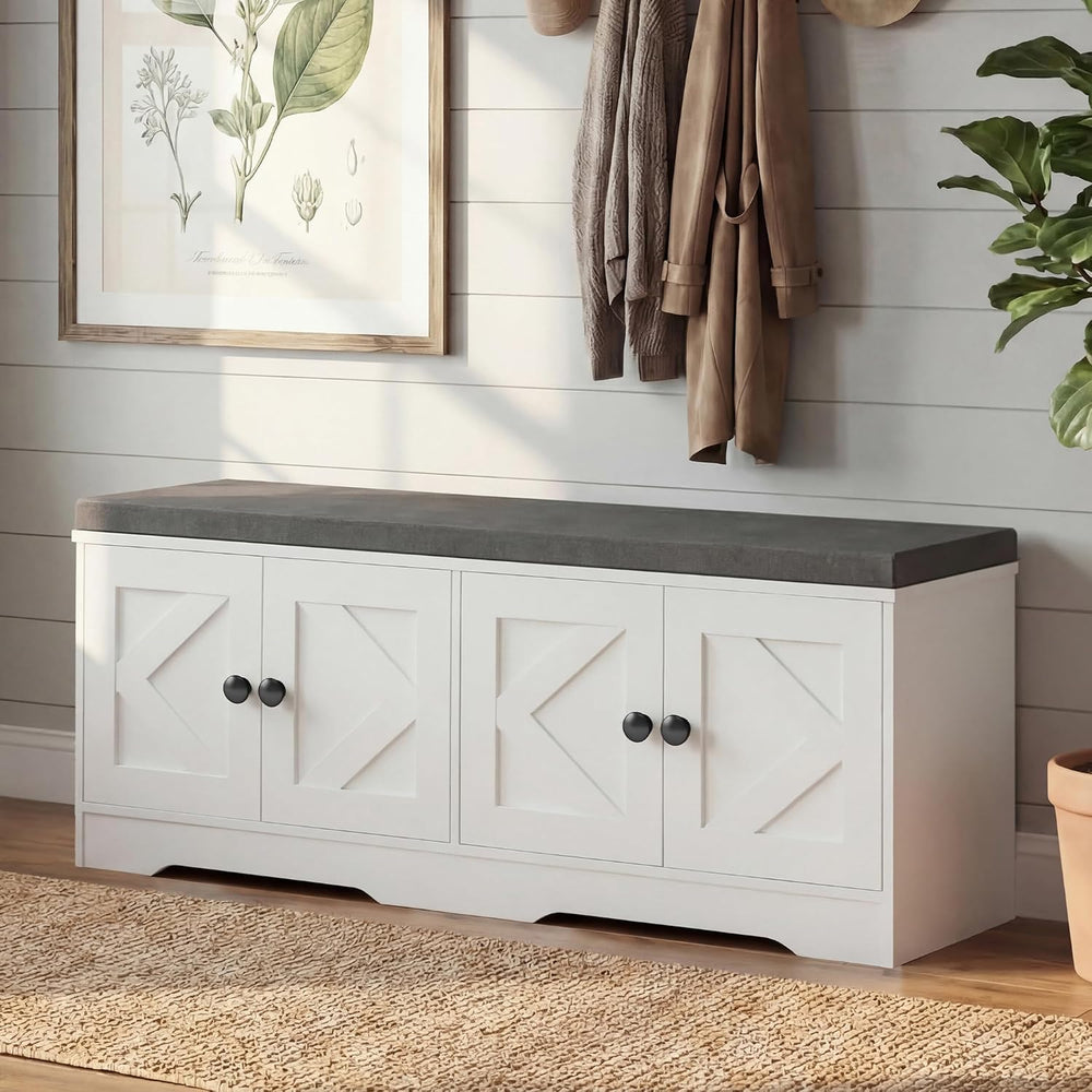 Apicizon Storage Bench with Seat Cushion, 2 Tier Entryway Bench with 4 Barn D...
