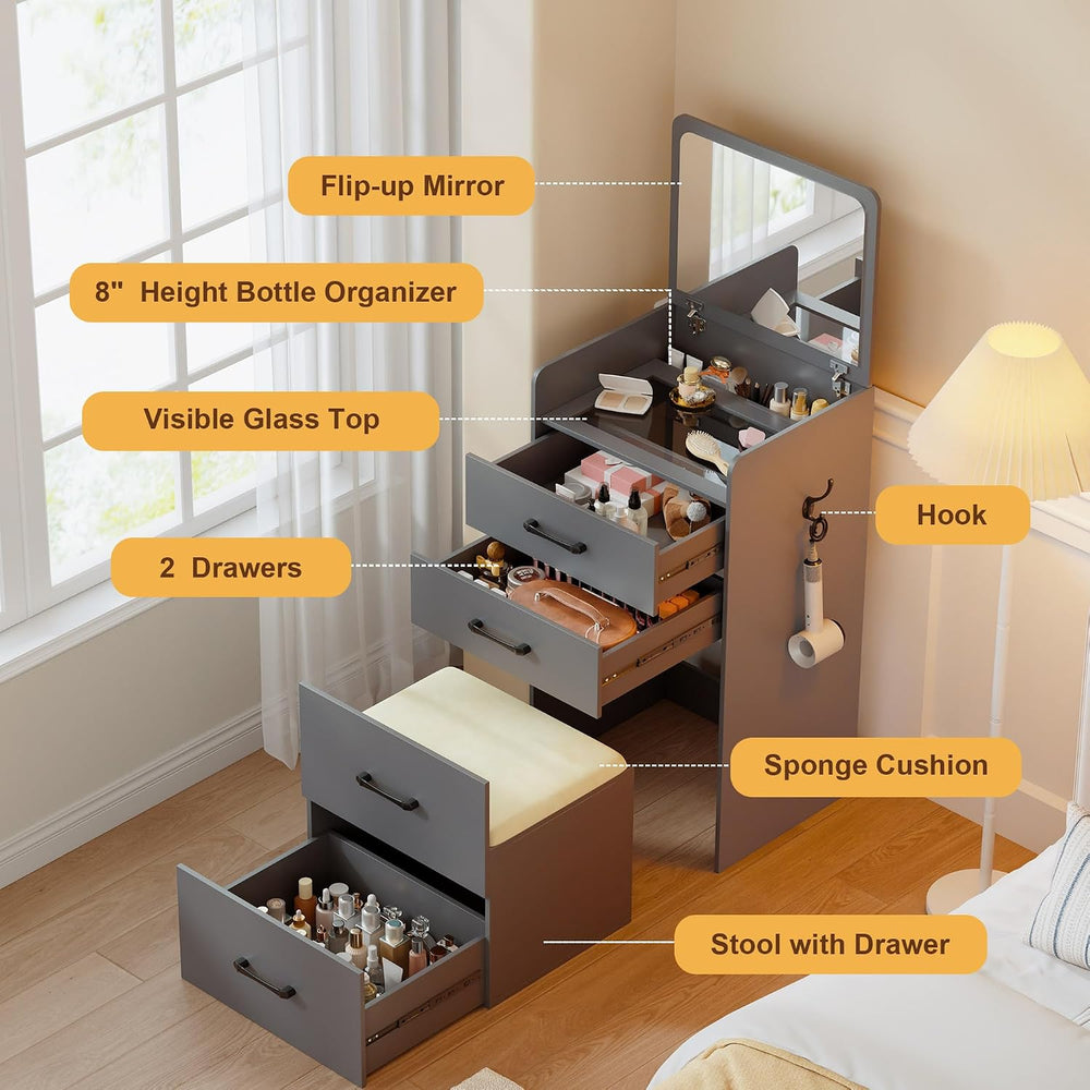 3 in 1 Make Vanity Desk with Flip Top Mirror(Grey) | Glass Top Makeup Vanity ...
