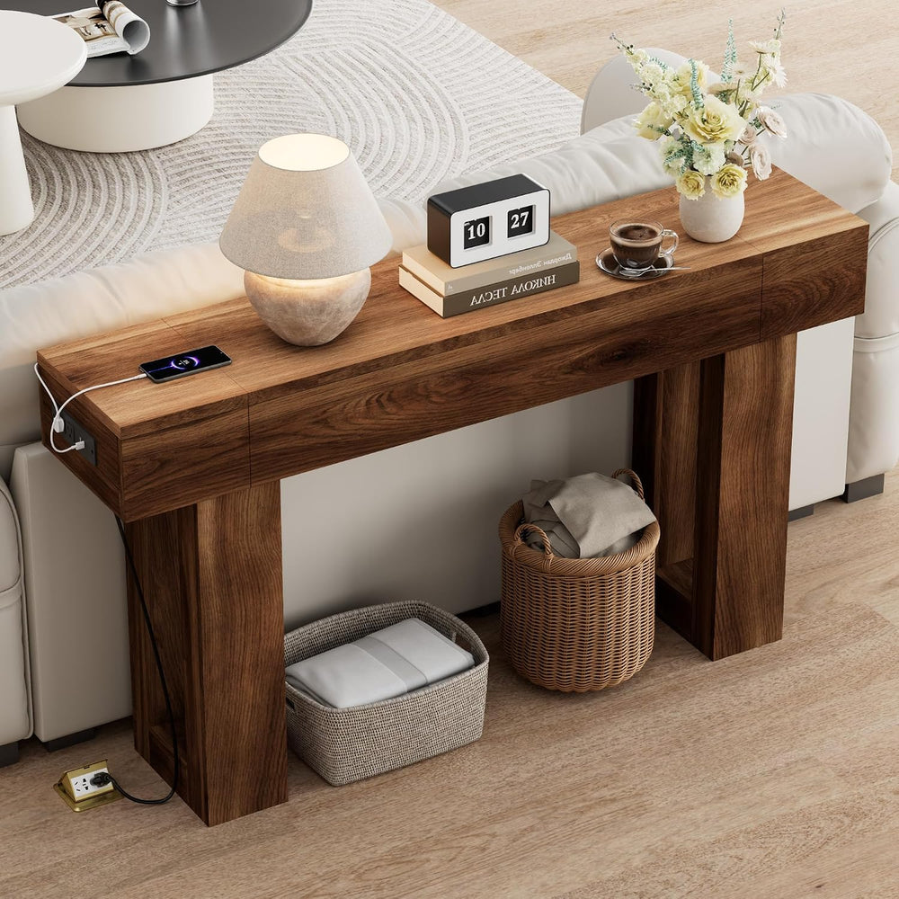 63 Inch Long Console Table w/Outlets & USB Ports, Narrow Rectangular Sofa...