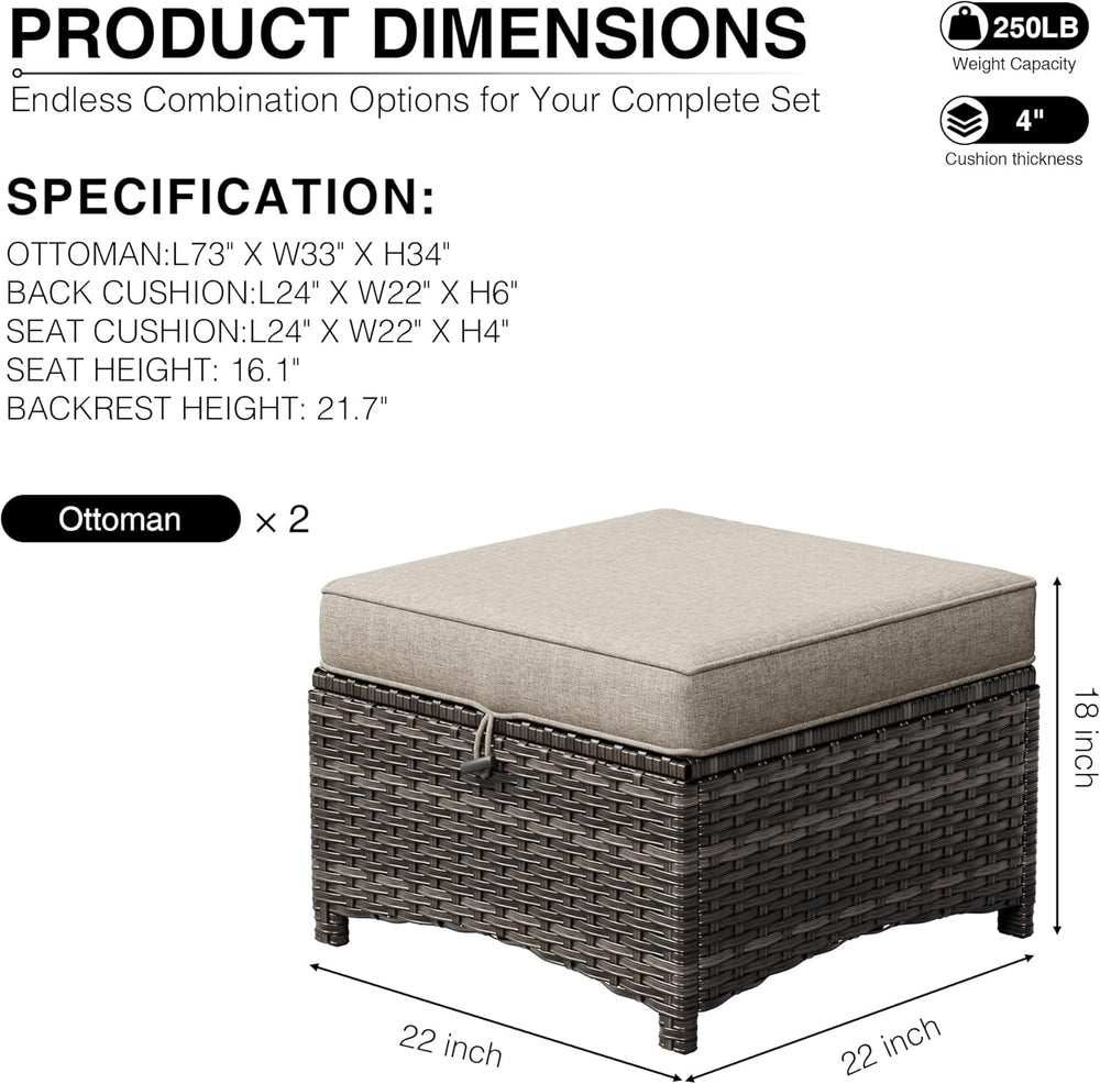 Joyside Outdoor Ottoman Set of 2, Patio Large Ottoman Foot Rest with Thickene...