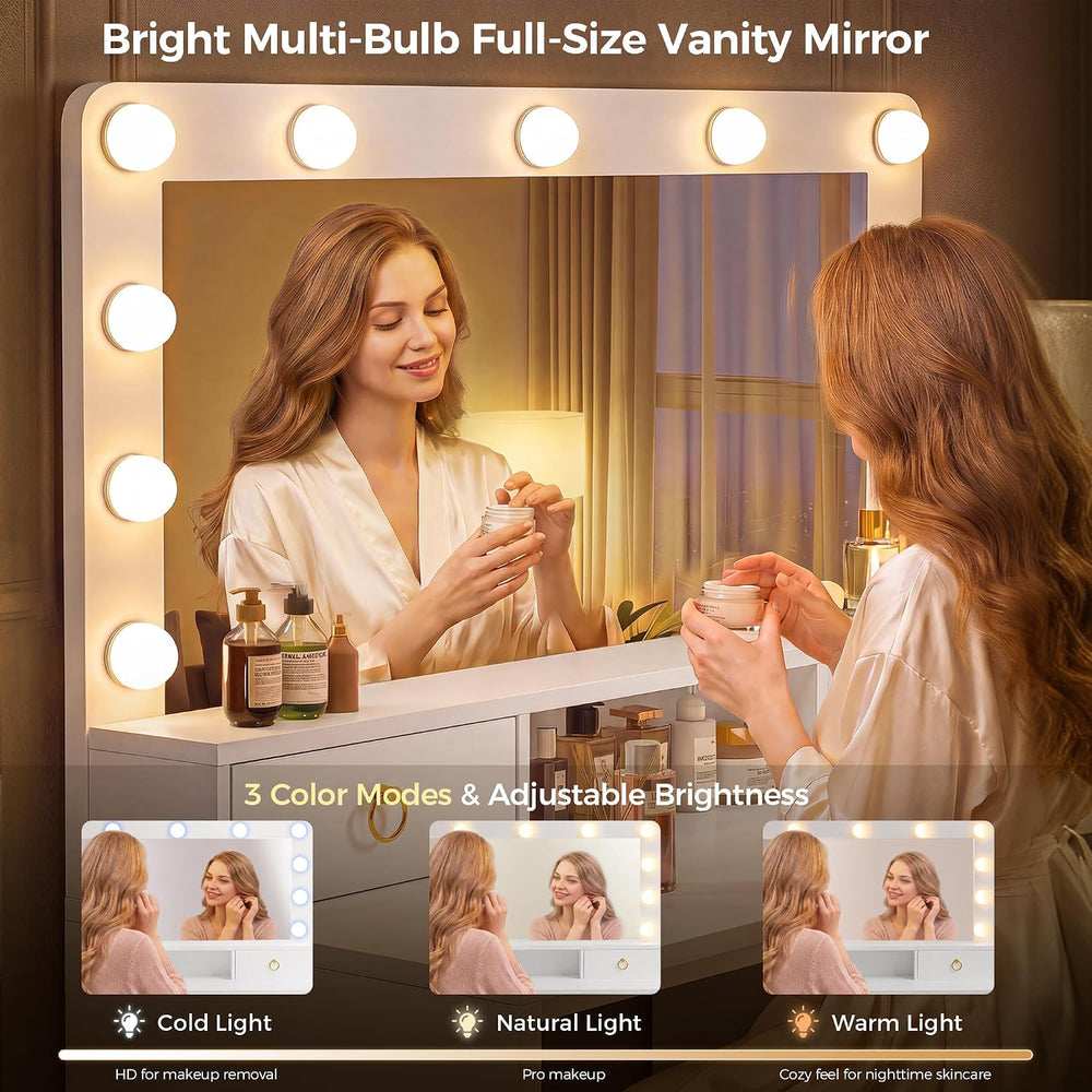 COMHOMA Makeup Vanity Desk with Mirror and Lights, Vanity Table with Divided ...