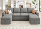 HONBAY Modular Sectional Sleeper Sofa Bed, Chenille Pull Out Couch with Storage Ottoman, U Shaped Sectional Couches for Living Room, Warm Grey