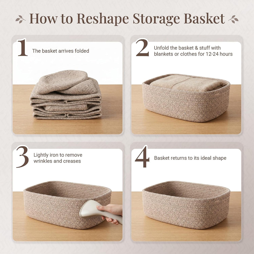 5-Pack Large Woven Rope Storage Baskets, 2 Sizes Organizer Bins | Fabric Cube Boxes and Rectangular Shallow Bins for Closet, Shelf, Bookshelf, Nursery, Changing Table, Bathroom, Toys & Home