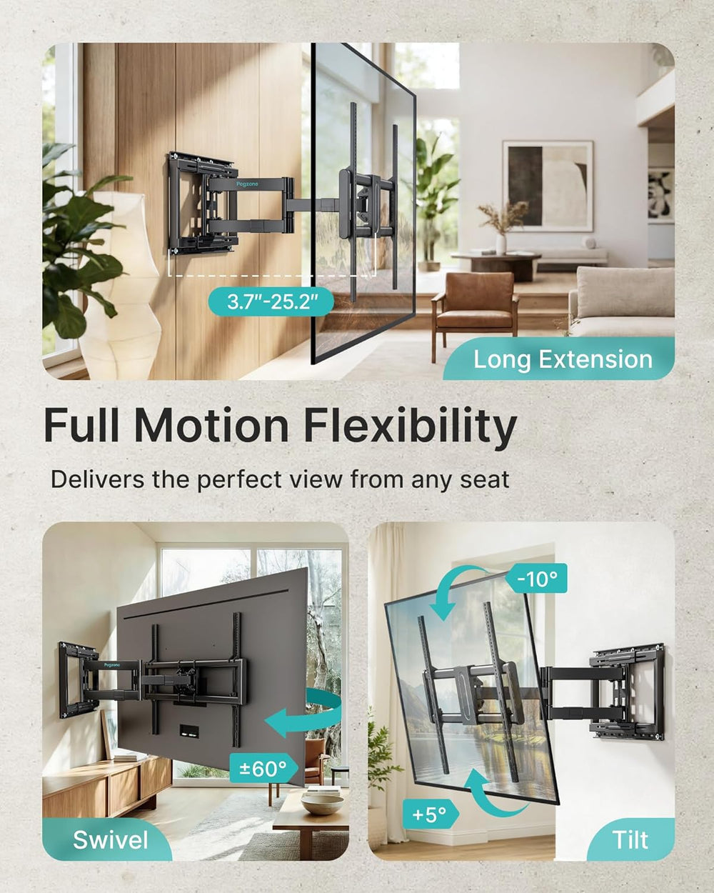 Pegzone Full Motion TV Wall Mount for 43-100 Inch TVs up to 176lbs, 25.2&quot...