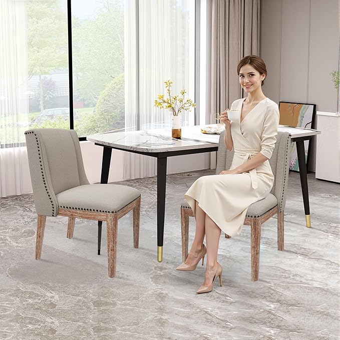 Dining Chair Set of 6, Fabric Upholstered Kitchen Side Chairs with Wooden Legs for Kitchen & Restaurant Use, Beige