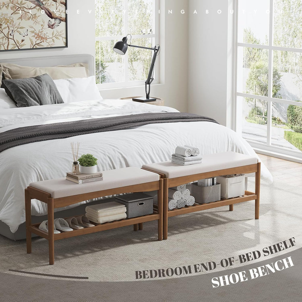 STDDRE Shoe Bench Entryway Bamboo 2-Tier Shoe Rack with Cushion Padded Seat S...