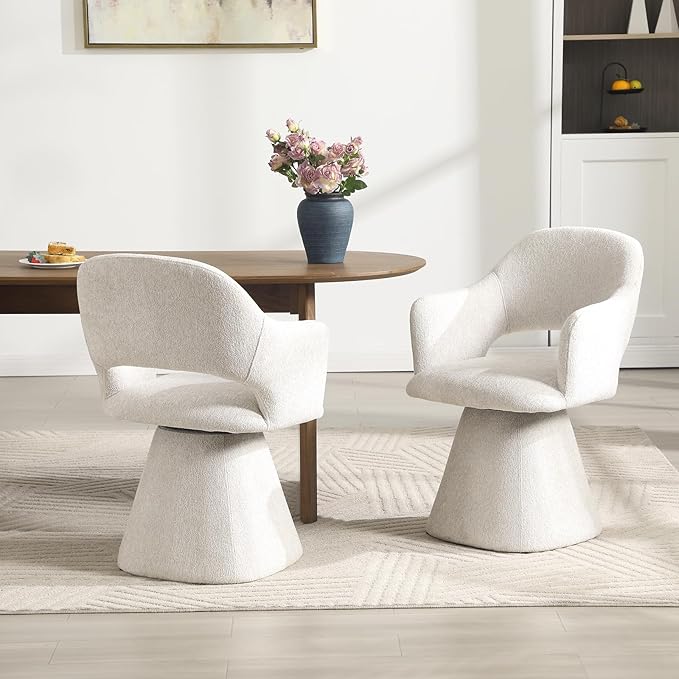 360° Swivel Dining Chair with Arms Set of 2, Chenille Upholstered Barrel Accent Kitchen Chairs with Hollow High Back, Deskchair for Dining Room Bedroom Vanity, Beige