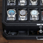 ROTHWELL 12 Slot Leather Watch Box with Valet Drawer - Luxury Watch and Jewelry Case Display Organizer, Microsuede liner, Mens Locking Storage Holder Large Glass Top (Black/Grey)