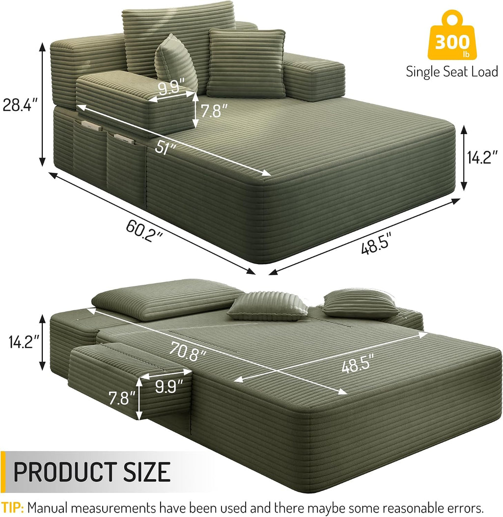2-in-1 Convertible Chaise Lounge Indoor, 60.2" Corduroy Upholstered Chaise Lounge Chair that Converts to Sleeper Bed,Compressed Sofa with Side Storage Pockets and 3 Pillows for Bedroom Apartment Dorm