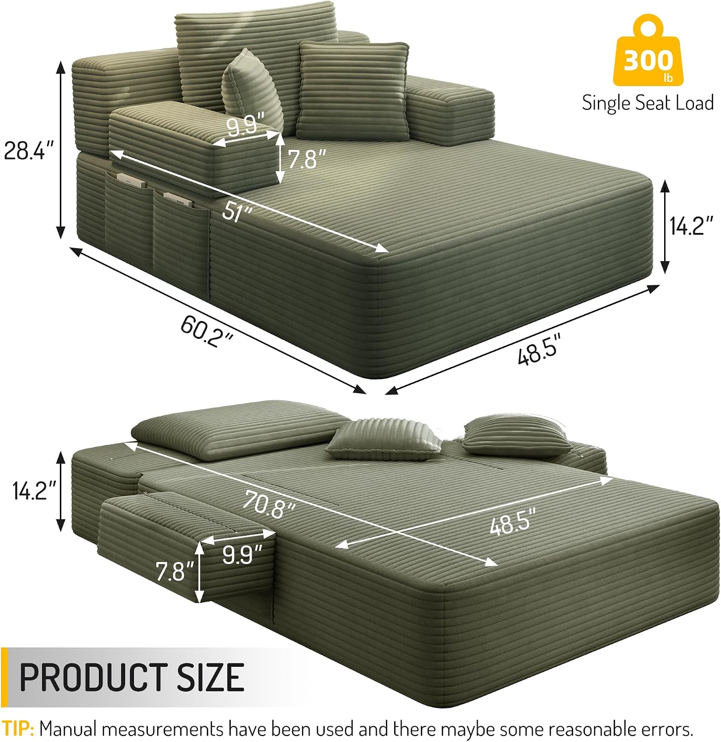 2-in-1 Convertible Chaise Lounge Indoor, 60.2" Corduroy Upholstered Chaise Lounge Chair that Converts to Sleeper Bed,Compressed Sofa with Side Storage Pockets and 3 Pillows for Bedroom Apartment Dorm