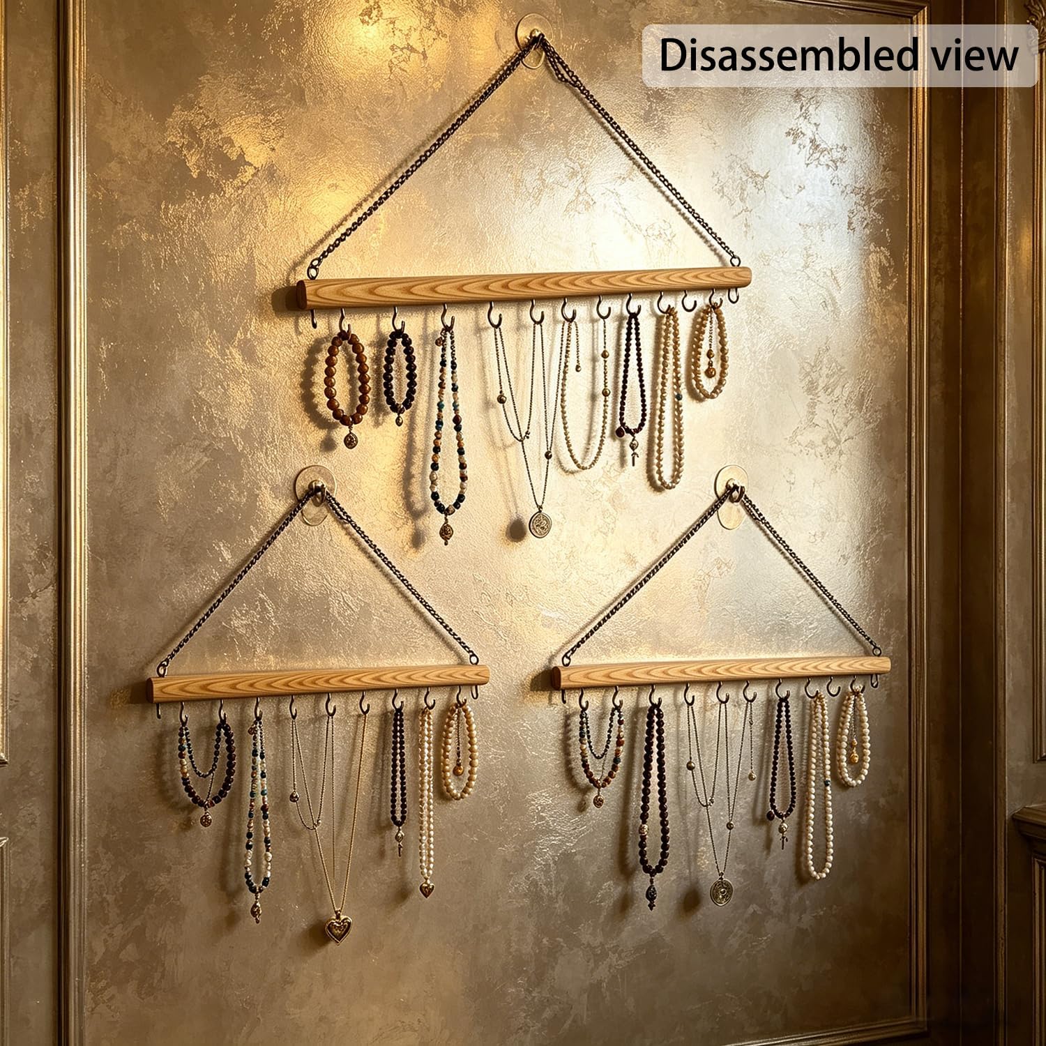 Hanging Jewelry Organizer with 36 Hooks - 15.7 Inch Hanging Wooden Display Rack for Necklaces, Bracelets, Earrings, Headbands - Space Saving Decor