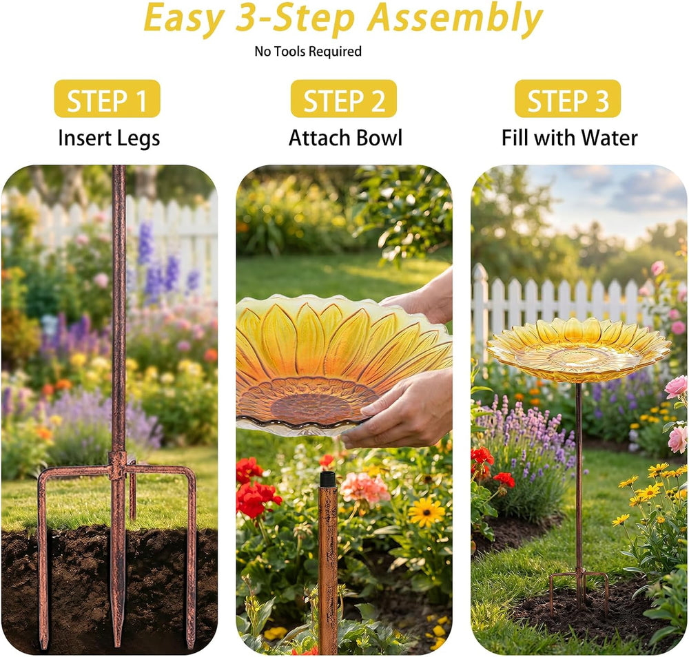 MUMTOP Glass Bird Bath, Garden Outdoor Birdfeeder with Metal Stake, Yellow