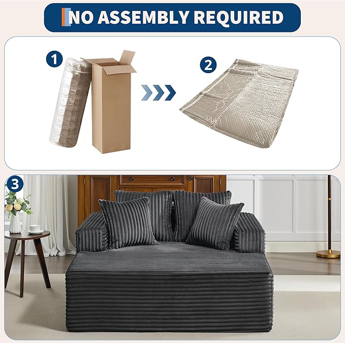 54.3"W Oversized Chaise Lounge Chair Indoor, Boneless Corduroy Sleeper Sofa Bed with 4 Pillows, Armrests, Comfy Fluffy Reading Couch, No Assembly Required Cloud Sofa for Living Room, Bedroom, Office