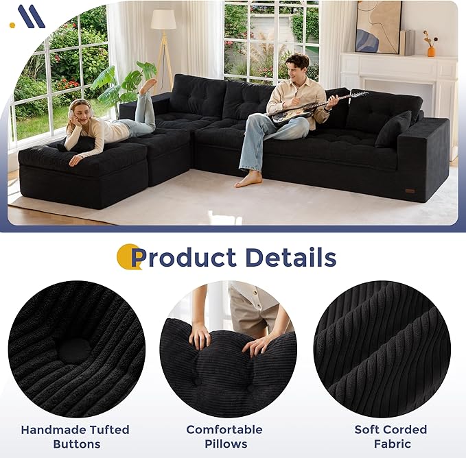 MAXYOYO 132" U Shaped Modular Sectional Sofa with 2 Ottomans, Cloud Boneless Couch with Layered Cushion, Flexible Module Combination Sofa for Living Room, No Assembly Required, Black