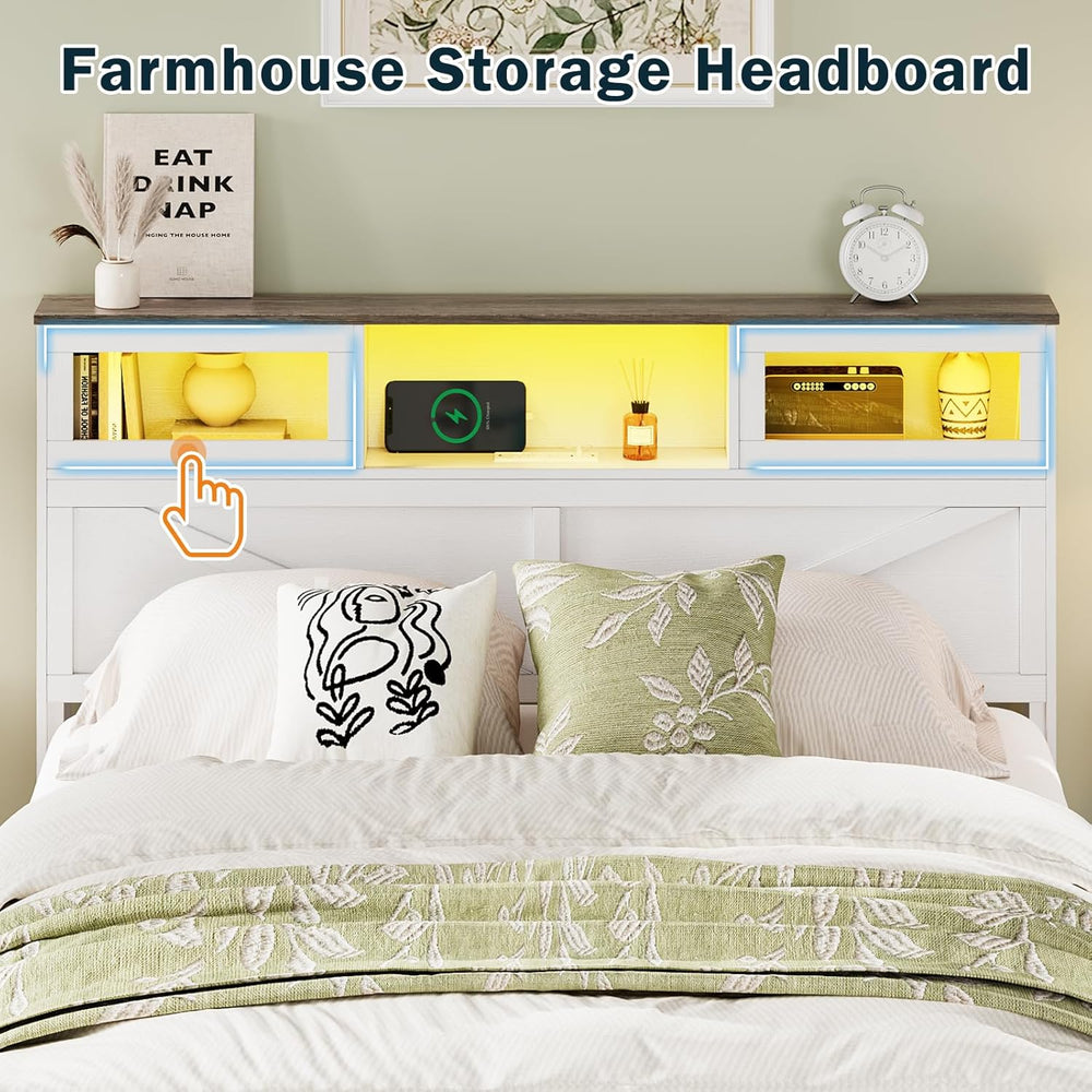 Yoobure Full Size Bed Frame with Headboard, Farmhouse Full Bed Frame, White