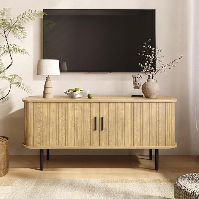 47''W Modern TV Stand Cabinet with Storage for TVs up to 60 Inch, Fluted TV Entertainment Center with Slatted Tambour Doors, Media Console for Living Room, Entryway, Natural