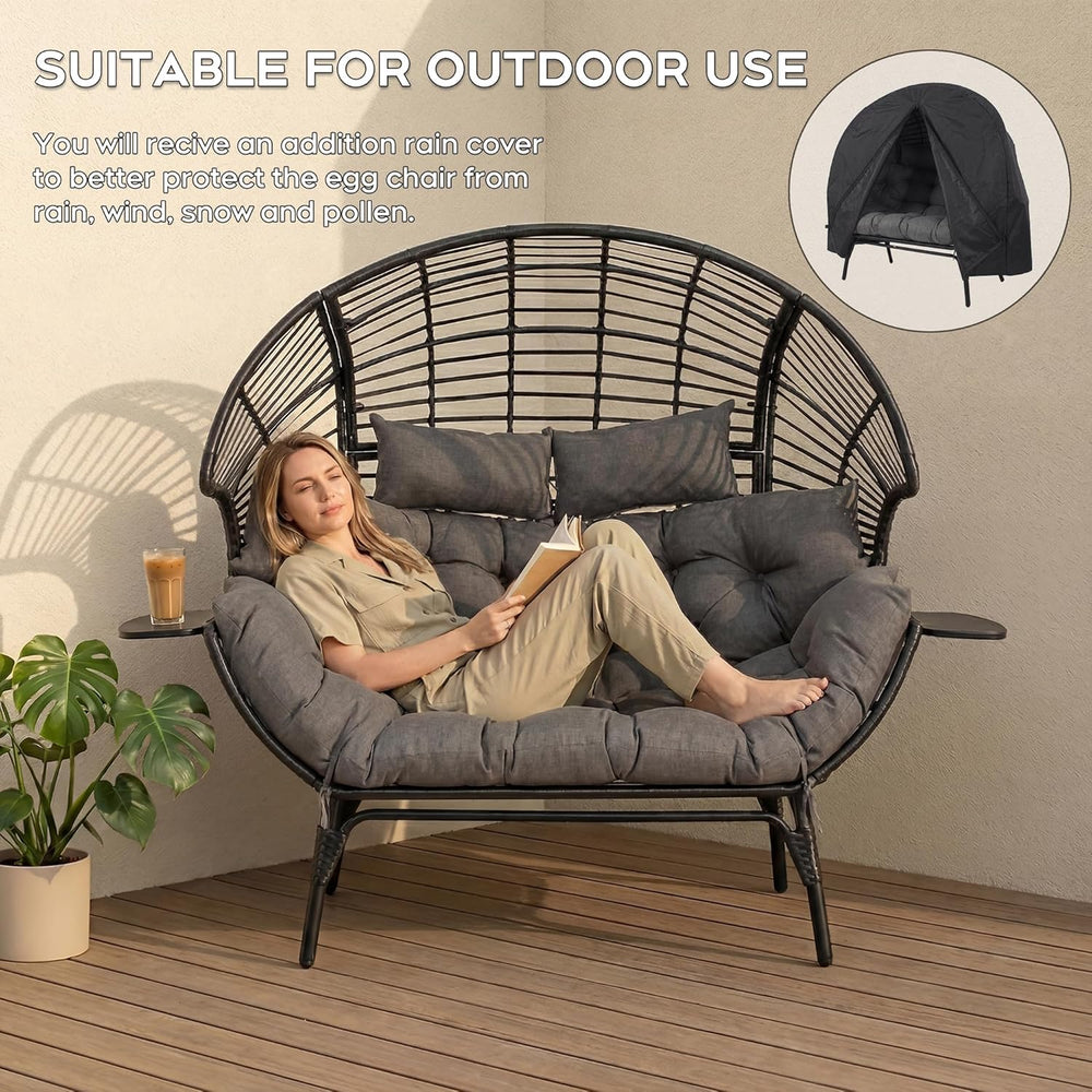 Double Egg Chair with Cup Holder Outdoor Indoor,2 Person Oversized Wicker Lou...
