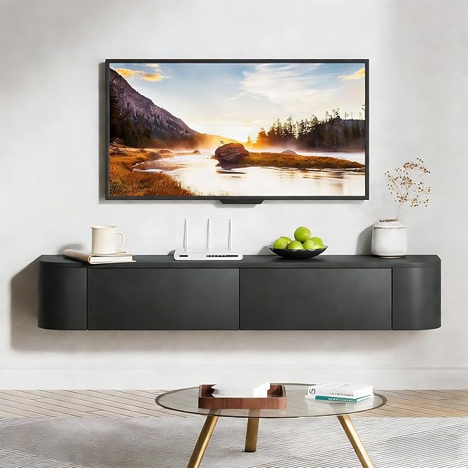 SHGJ&SOFT Floating TV Stand Wall Mounted Media Console with Door Entertainment Centerwith Storage Cabinets, Wall Mounted TV Shelf for Bedroom,Living Room (Black, 47.2IN)