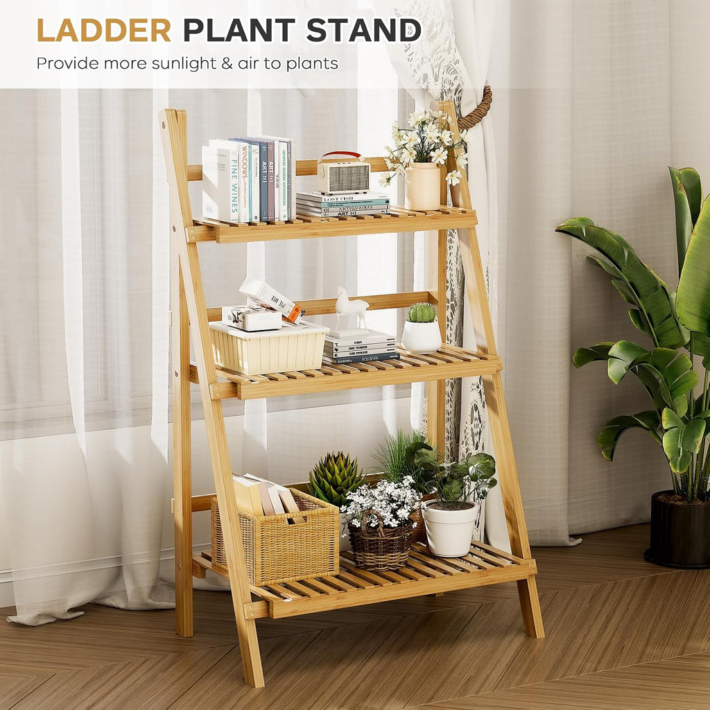 Foldable Ladder Shelf 39.4", Plant Shelf 3 Tier, Bamboo Ladder Flower Pot Display Shelf, Freestanding Ladder Bookshelf for Living Room, Balcony, Yard, Garden, 23.6"W x 15"D x 39.4"H, Natural