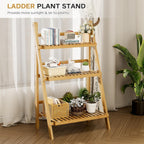 Foldable Ladder Shelf 39.4", Plant Shelf 3 Tier, Bamboo Ladder Flower Pot Display Shelf, Freestanding Ladder Bookshelf for Living Room, Balcony, Yard, Garden, 23.6"W x 15"D x 39.4"H, Natural