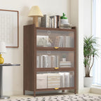 44'' Tall Metal Kitchen Storage Cabinet with 3 Flip-up Doors, Freestanding Pantry Cabinet with Adjustable Feet, 4-Tier Microwave Stand with Storage Rack for Kitchen Dining Living Room (4-Tier, Walnut)