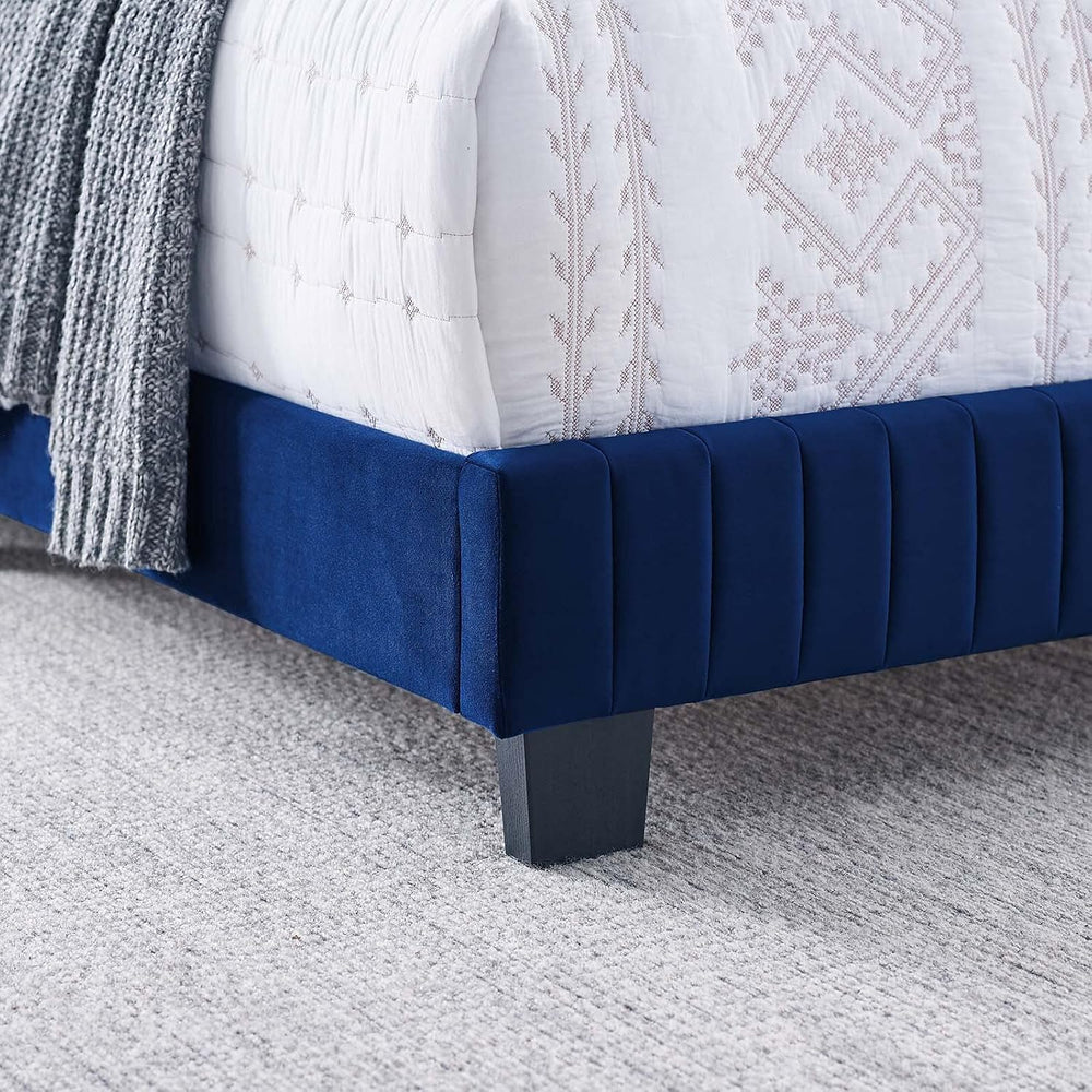 Tufted Platform Bed Frame, King Size, Velvet, Blue Navy, Modern Contemporary,...