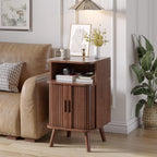 Alohappy Nightstand Set of 2, Mid Century Modern End Table with Storage, Fluted Bedside Table, Wooden Curved Profile Night Stands with Sliding Tambour Door for Bedroom, Living Room, Walnut