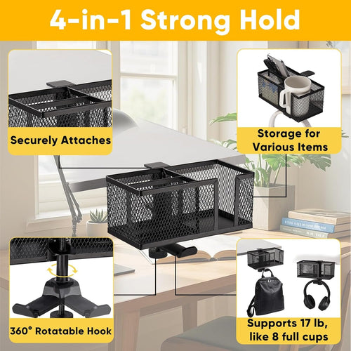 4 in 1 Metal Clip On Cup Holder Attachment for Gaming Desk or Table, Sturdy and Easy to Clamp, Attachable Anti-Spill Cup Holder for Salon Chair, Bedside, Water Bottles, Drinks, Headphones - Black