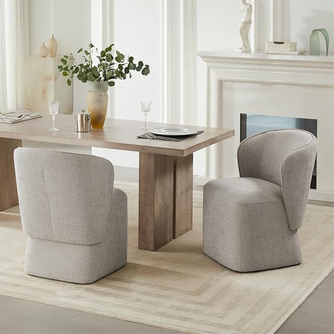 Upholstered Dining Chair with Casters No Assembly Linen DeskChair Wingback Single Sofa for Kitchen Diningroom Bedroom Readingroom,2 PCS,Beige