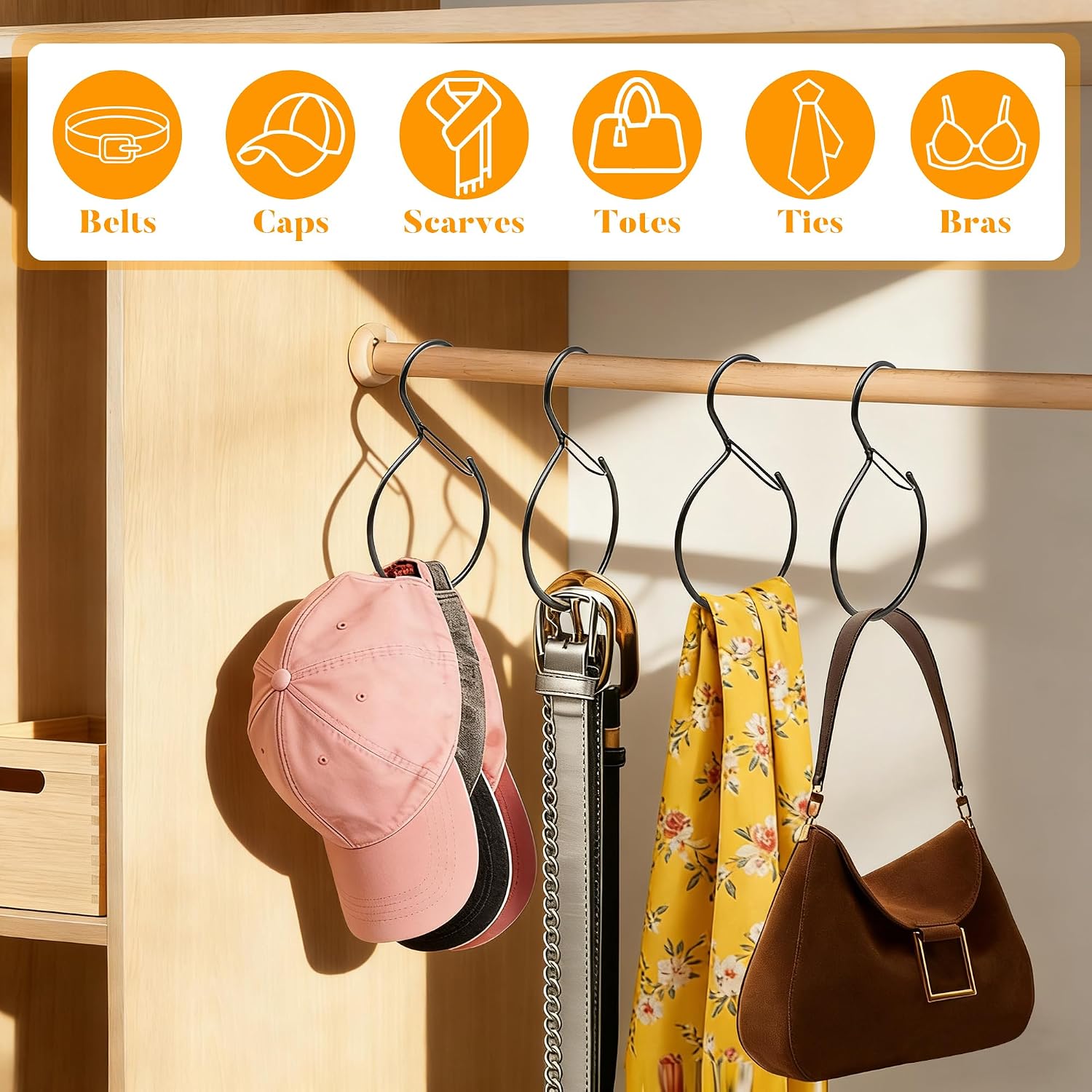 4 Pack Belt Hanger for Closet – Rust-Proof Belt Organizer & Tie Rack, Multi-Use Hanger for Scarves, Hats, Bags & Closet Accessories, Black