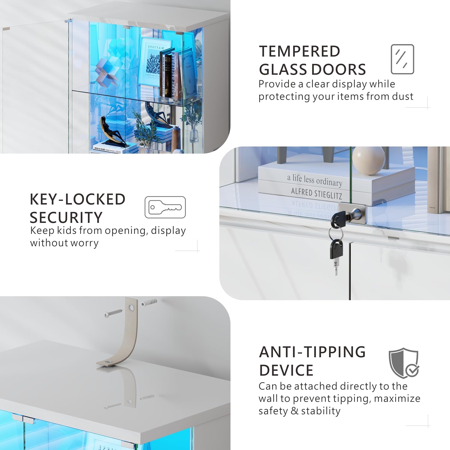 Lvifur 71” Glass Display Cabinet with Lights and Human Body Sensor - White | Pop-Up 4mm Tempered Glass Door; Safety Lockable Keys; Adjustable Lights; 6 feet Tall; Ample Storage Space; Durable Material